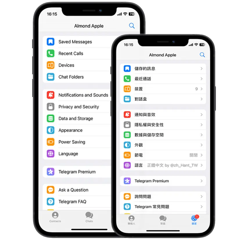 纸飞机中文版 iOS 客户端设置页面与语言选项