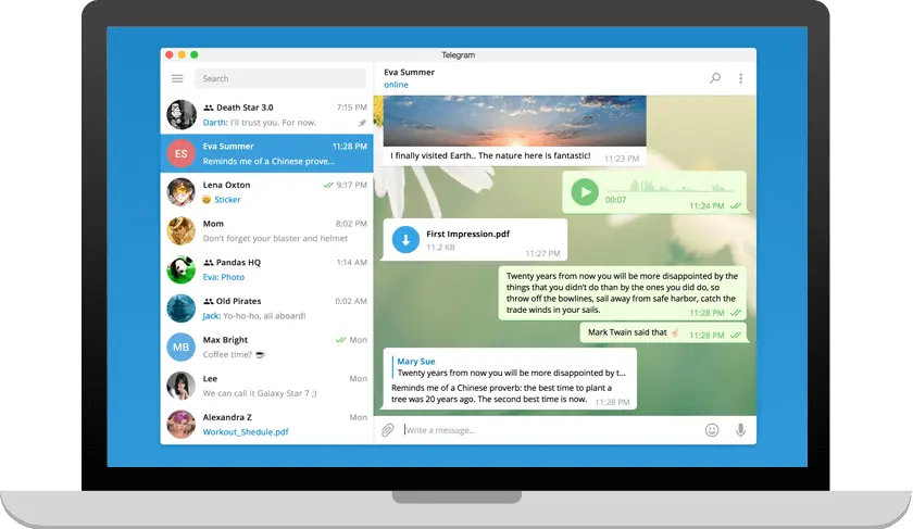纸飞机中文版 Windows 桌面客户端界面截图，左侧为聊天列表，右侧为消息窗口，顶部含搜索栏